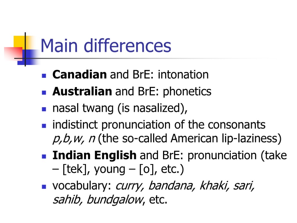 Main differences Canadian and BrE: intonation Australian and BrE: phonetics nasal twang (is nasalized),